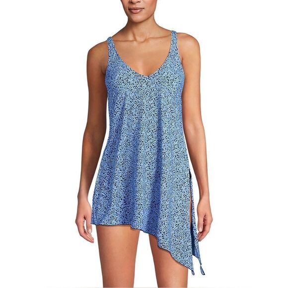 Land's End 1 piece fauxkini swimsuit slendersuit cloud blue navy ditsy lily 10 - Picture 3 of 6